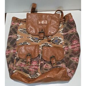 Vintage Wall Flower Womens Brown Faux Leather & Aztec Canvas Backpack W Buckles